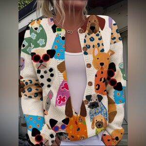 Ivory cream dog graphic cardigan knit graphic bubble sleeve cardigan sweater